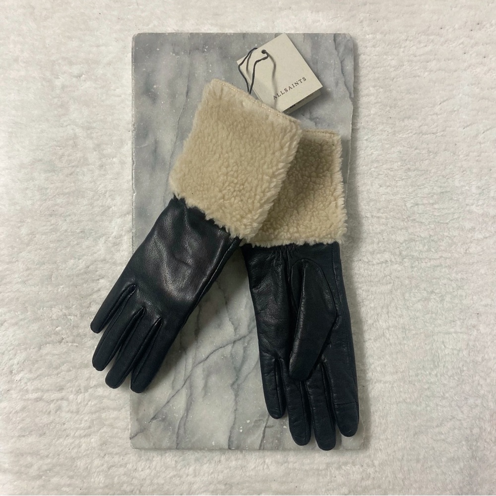 All Saints Shearling Leather Glove Size Medium Black Classic Quiet Luxury